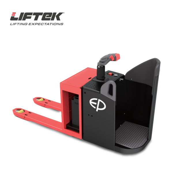 Side view of the Liftek EP PowerRide 2000+ electric pallet truck in red and black.