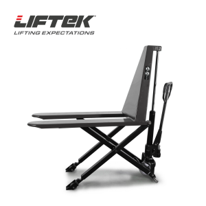 Side view of a scissor lift pallet truck in black with lift arms extended.