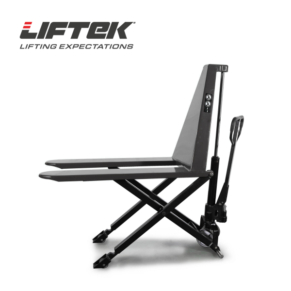Side view of a scissor lift pallet truck in black with lift arms extended.