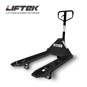 Angled view of the liftek premium small hand pallet truck in black.