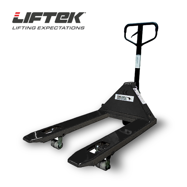 Angled view of the liftek premium small hand pallet truck in black.