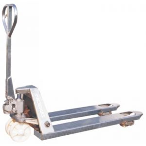 Side view of a galvanised pallet truck with stainless steel exterior.