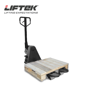 Front view of a narrow printers pallet truck in black with a small pallet on the pallet forks.