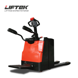 Front view of the Liftek PowerRide 2000 electric pallet truck in red and black.