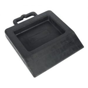 Heavy duty pallet truck chock viewed in black.
