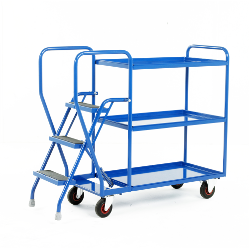Warehouse Order Picking Trolley with Steps and Plywood or Steel Shelves-0