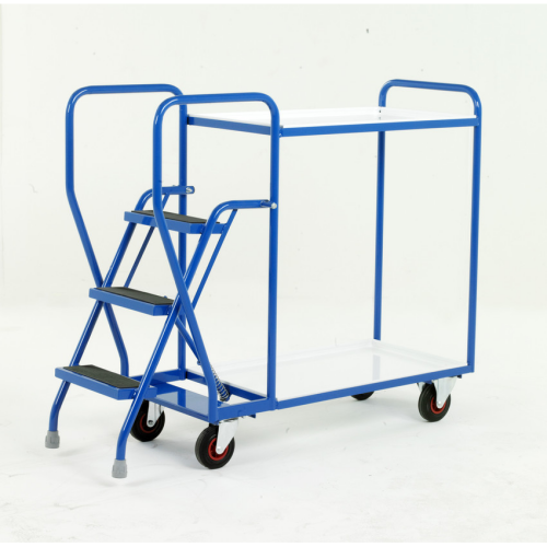 Warehouse Order Picking Trolley with Steps and White Shelves-0