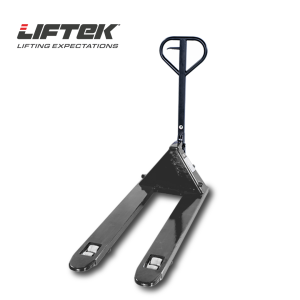 Front view of the liftek manual pallet truck in black.