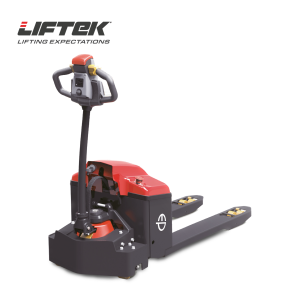 Rear view of a Liftek PowerTruk 2000HD Plug-In Electric Pallet Truck in red and black.
