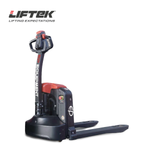 Rear view of the Liftek EP PowerTruk 1800+ Plug-In Electric Pallet Truck in red and black.