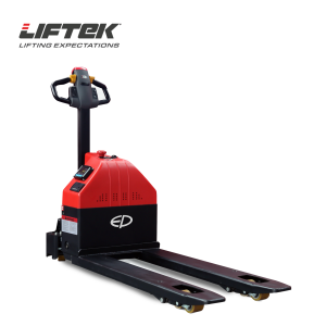 Front view of the Liftek PowerTruk 1500+ electric pallet truck with digital scale in red and black.