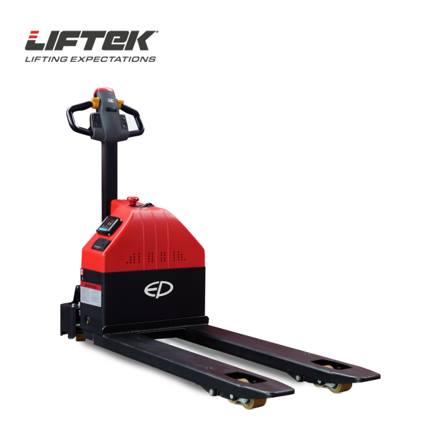 Front view of the Liftek PowerTruk 1500+ electric pallet truck with digital scale in red and black.