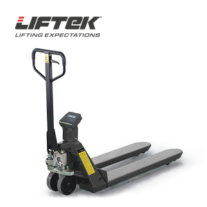 Angled view of the liftek pallet truck with weighing scale in black.