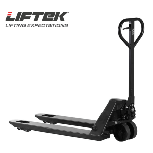 Side view of the liftek premium hand pallet truck with rubber wheels in black.