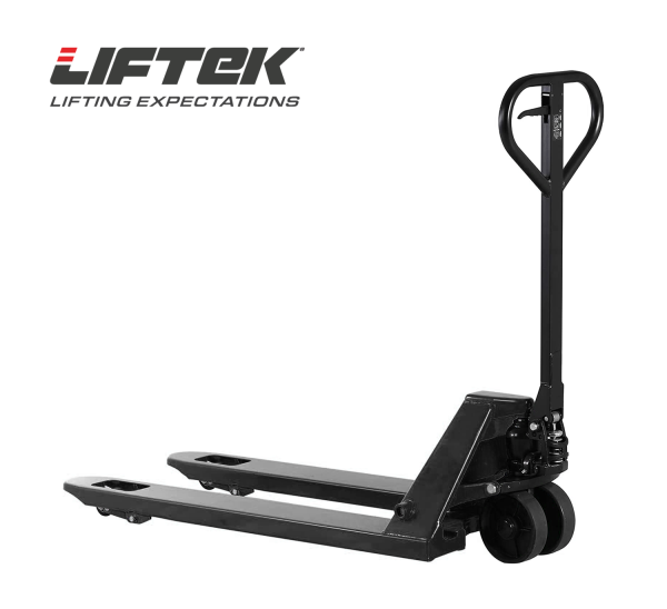 Side view of the liftek premium hand pallet truck with rubber wheels in black.