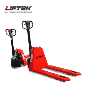 Front view of two DriverTruk10 Semi Electric Pallet Trucks in red.