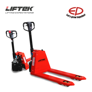 Front view of two DriverTruk10 Semi Electric Pallet Trucks in red.