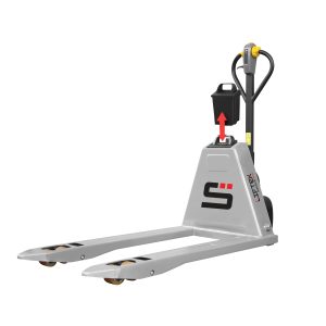 Front view of Liftek DriverTruk 30 Electric Pallet Truck with removable battery in silver.